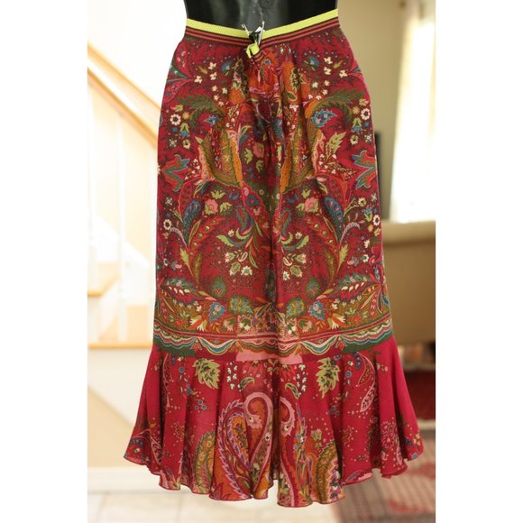 ETRO Red Paisley Asymmetrical Ruffled Bottom Skirt - Picture 2 of 3